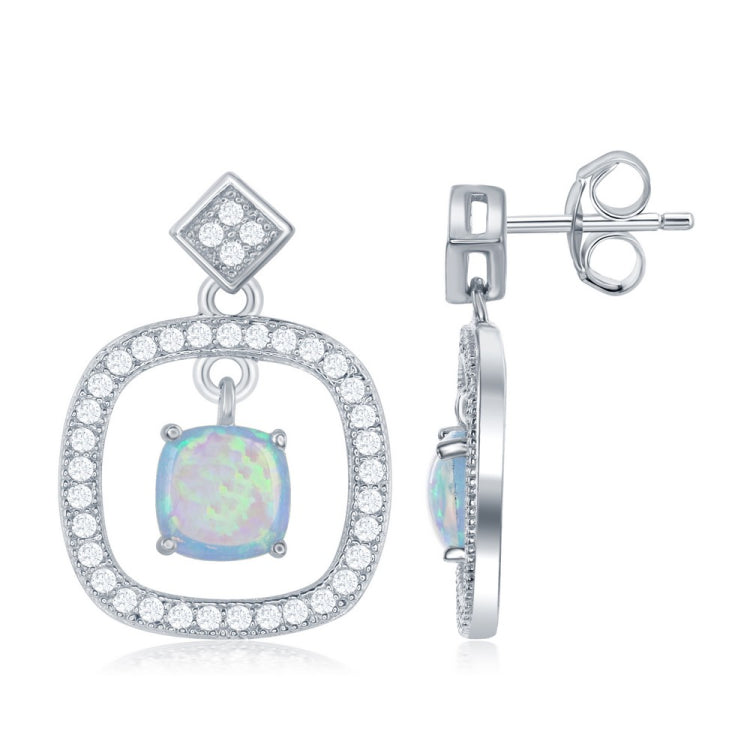 Sterling Silver Open Square with Center Opal and CZ Border Earrings