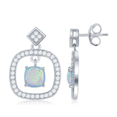 Sterling Silver Open Square with Center Opal and CZ Border Earrings