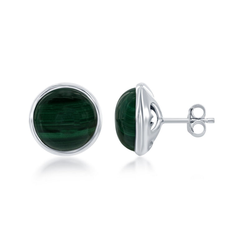Sterling Silver Round Malachite Bezel Set Stud Earrings