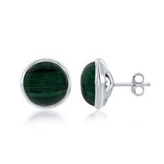 Sterling Silver Round Malachite Bezel Set Stud Earrings
