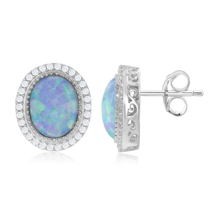 Sterling Silver Oval White Opal with CZ Border Earrings