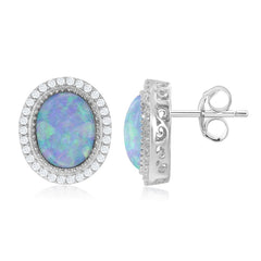 Sterling Silver Oval White Opal with CZ Border Earrings