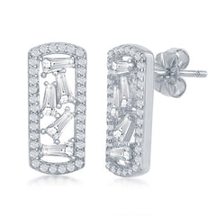 Sterling Silver Rectangle with Center Baguettes & CZ Border Earrings