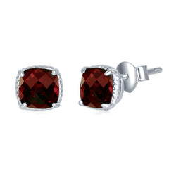 Sterling Silver 6MM Square Cushion-Cut Garnet with Rope Detail Border Stud Earrings