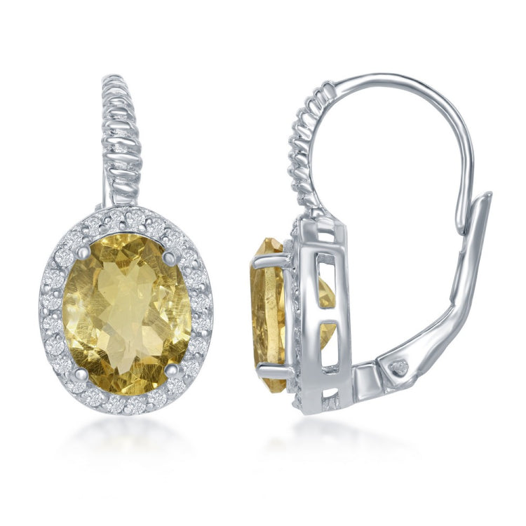 Sterling Silver Oval Citrine with White Topaz Border Earrings