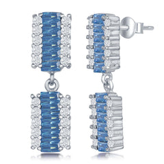 Sterling Silver Double Rectangle Aquamarine Baguette and White CZ Earrings