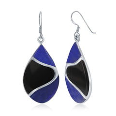 Sterling Silver Onyx and Lapis Designed Oval Earrings