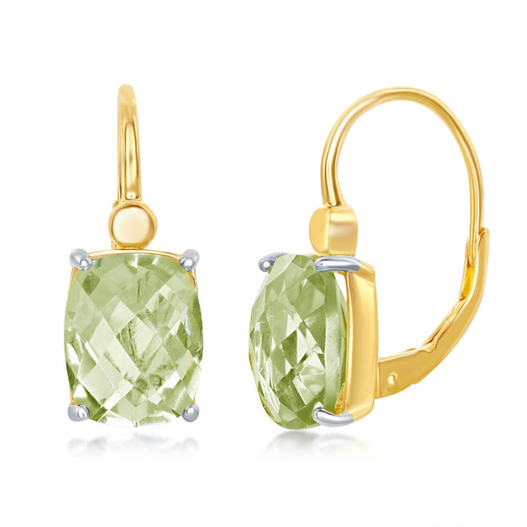 Sterling Silver Gold Plated Four-Prong Checkered 4.904cttw Green Amethyst Earrings