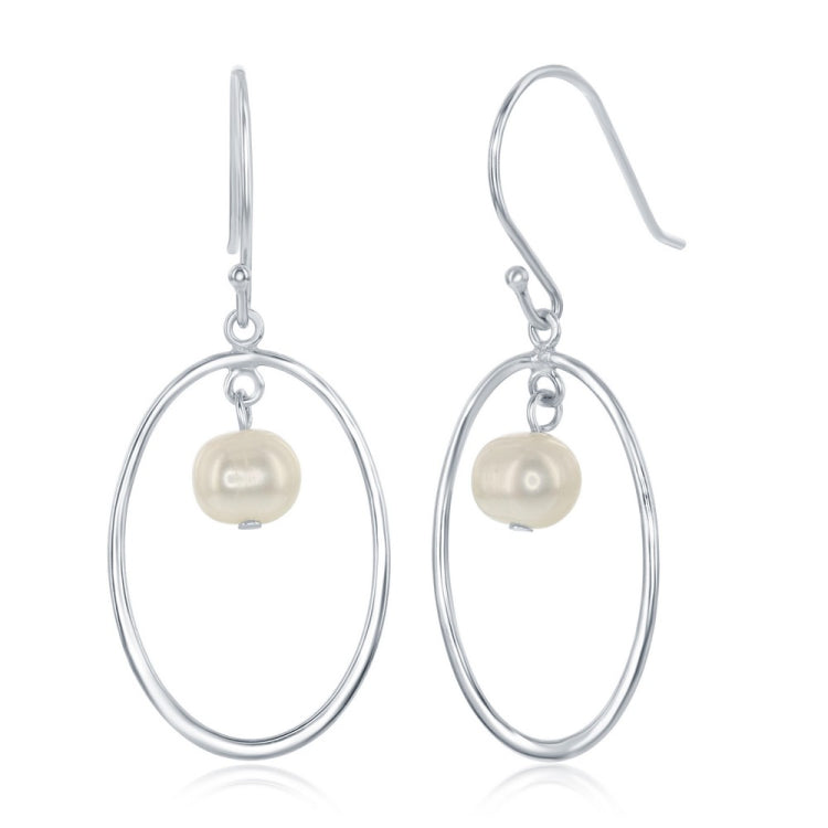 Sterling Silver Open Oval with Freshwater Pearl Earrings