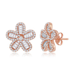 Sterling Silver Baguette CZ Flower Stud Earrings - Rose Gold Plated
