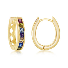 Sterling Silver Chanel-Set Rainbow CZ Oval Hoops - Gold Plated