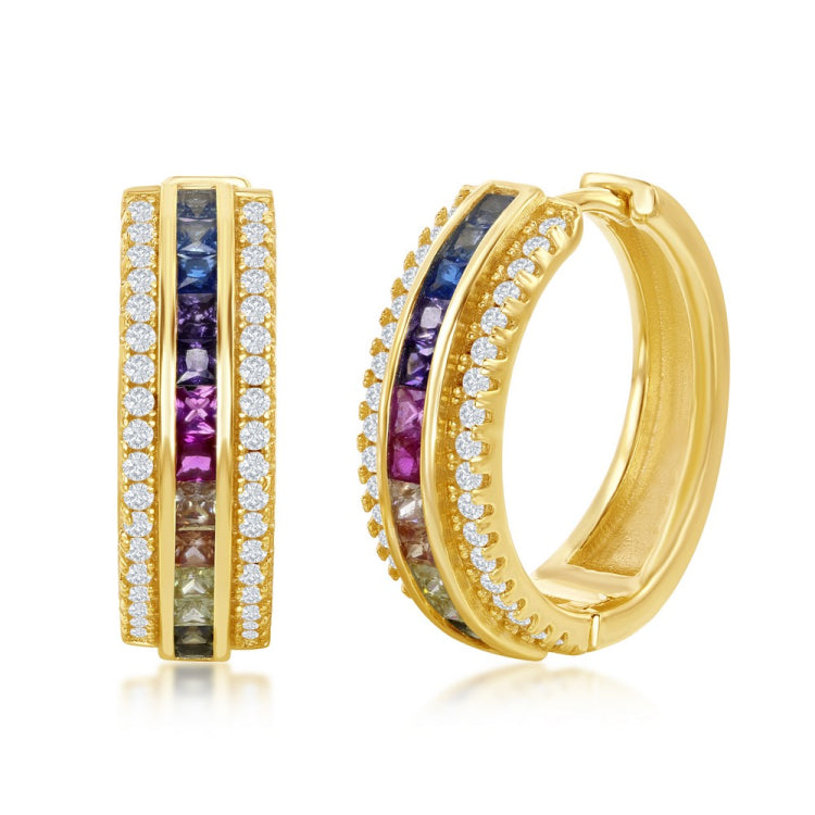 Sterling Silver GP Half Center Channel Set Rainbow CZ with White CZ Border Hoop Earrings