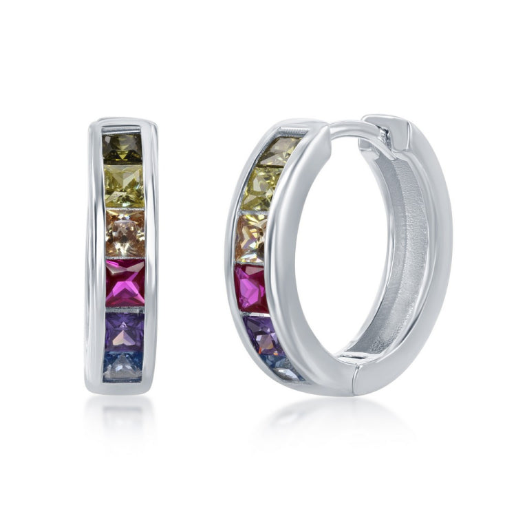 Sterling Silver Channel-Set Rainbow CZ Small Hoop Earrings