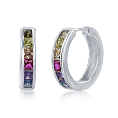 Sterling Silver Channel-Set Rainbow CZ Small Hoop Earrings