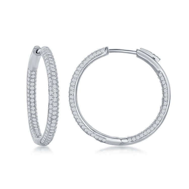 Sterling Silver 3x30mm Inside-Outside Micro Pave CZ Hoop Earrings