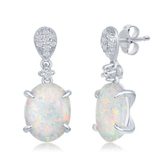 Sterling Silver Micro Pave White Inlay Four-Prong Oval Dangle Earrings