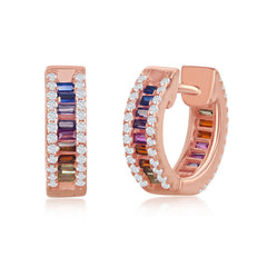 Sterling Silver Rose Gold Plated Baguette Rainbow CZ Small Huggie Hoop Earrings