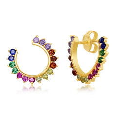 Sterling Silver Gold Plated Rainbow CZ Open Hoop Stud Earrings