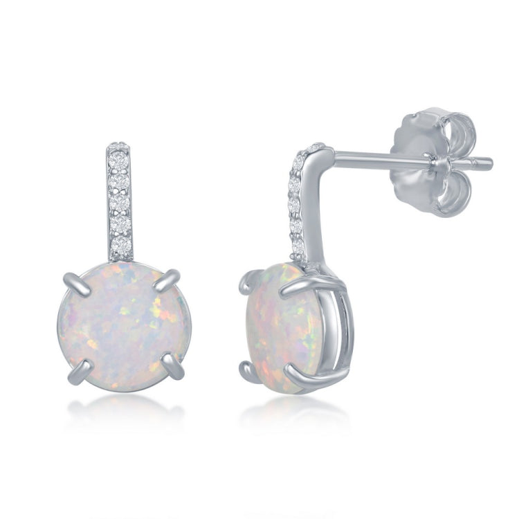 Sterling Silver CZ Bar Prong Round White Opal Earrings