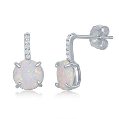Sterling Silver CZ Bar Prong Round White Opal Earrings