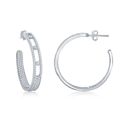 Sterling Silver Inside-Outside Pave and Bezel-Set Open Hoop Earrings - Rhodium Plated