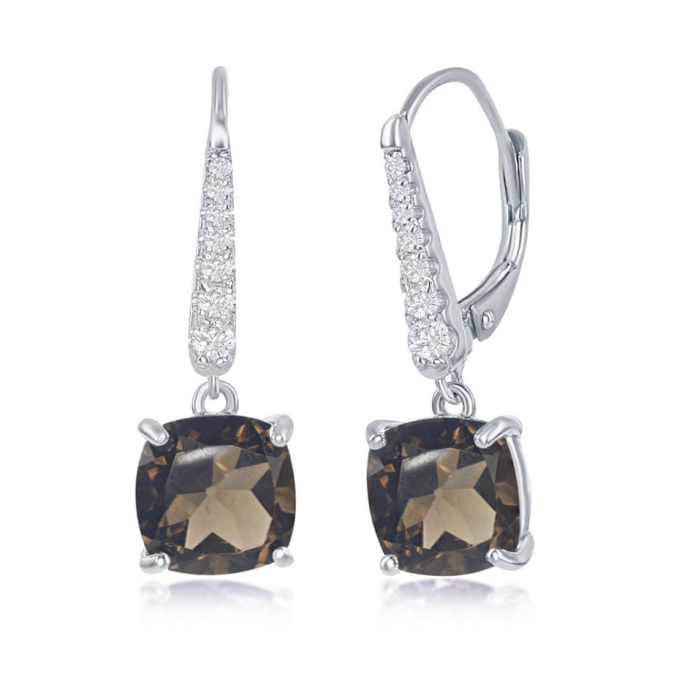 Sterling Silver Four-Prong 9x9mm Cushion-Cut Smoky Quartz with White Topaz Earrings