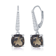 Sterling Silver Four-Prong 9x9mm Cushion-Cut Smoky Quartz with White Topaz Earrings