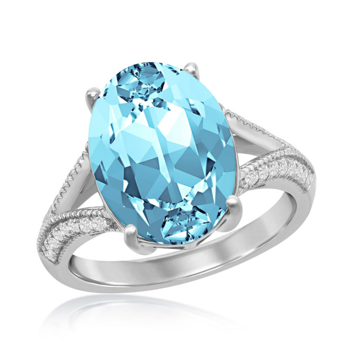 Sterling Silver CZ Open Shank w/ 14x10mm Oval - Aqua Swarovski Element Ring