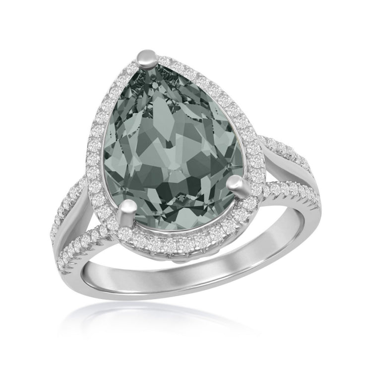 Sterling Silver 14x10mm Pearshaped Halo CZ - Black Diamond Swarovski Element Ring