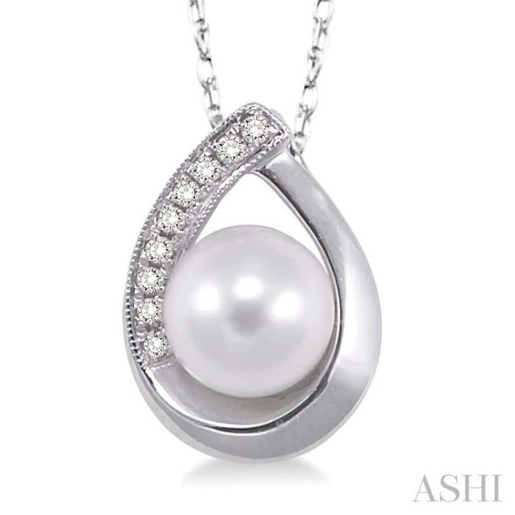 6.5 MM Round Shape Cultured Pearl and 1/20 Ctw Round Cut Diamond Pendant in 14K White Gold with Chain