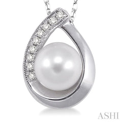 6.5 MM Round Shape Cultured Pearl and 1/20 Ctw Round Cut Diamond Pendant in 14K White Gold with Chain