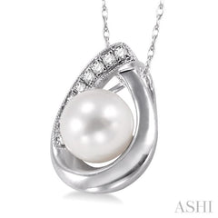6.5 MM Round Shape Cultured Pearl and 1/20 Ctw Round Cut Diamond Pendant in 10K White Gold with Chain