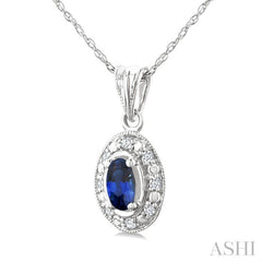 5x3 MM Oval Shape Sapphire and 1/20 Ctw Round Cut Diamond Pendant in 10K White Gold with Chain
