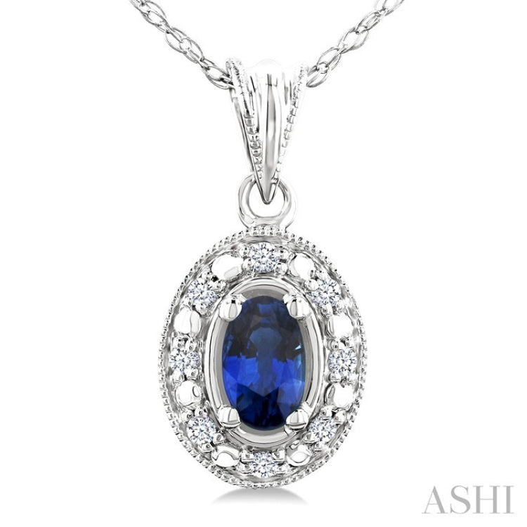 5x3 MM Oval Shape Sapphire and 1/20 Ctw Round Cut Diamond Pendant in 10K White Gold with Chain