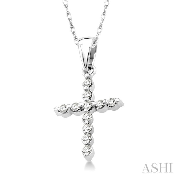 1/10 Ctw Round Cut Diamond Cross Petite Pendant in 14K White Gold with Chain