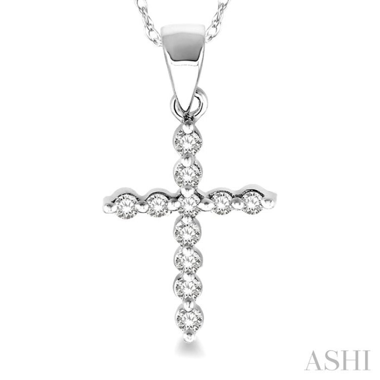 1/10 Ctw Round Cut Diamond Cross Petite Pendant in 14K White Gold with Chain