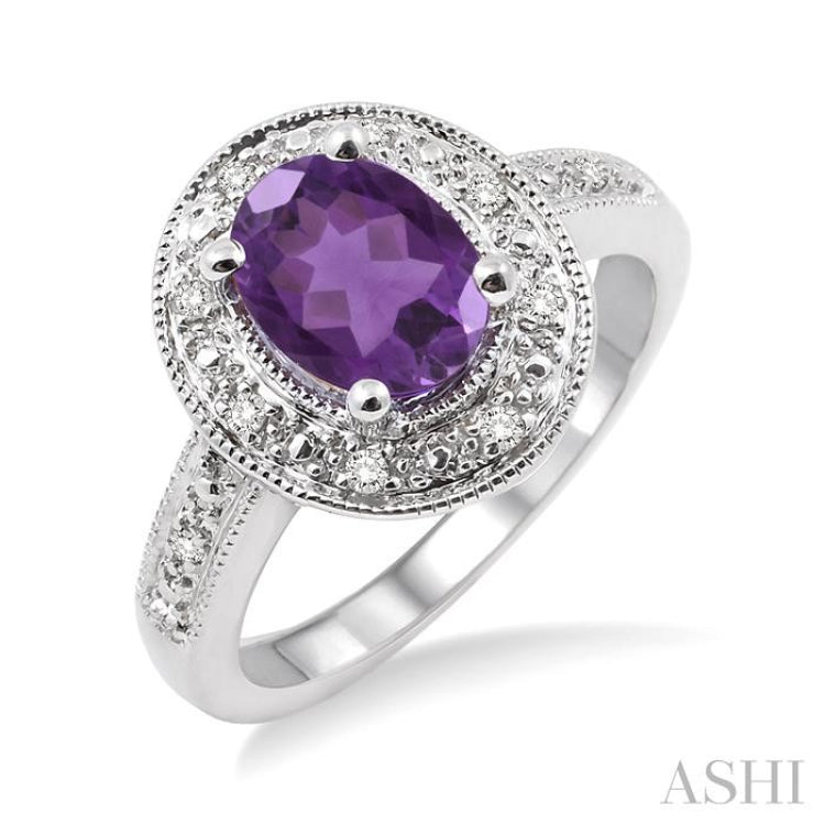8x6 MM Oval Cut Amethyst and 1/20 Ctw Round Cut Diamond Ring in Sterling Silver