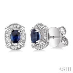 5x3 MM Oval Cut Sapphire and 1/10 Ctw Round Cut Diamond Earrings in 10K White Gold