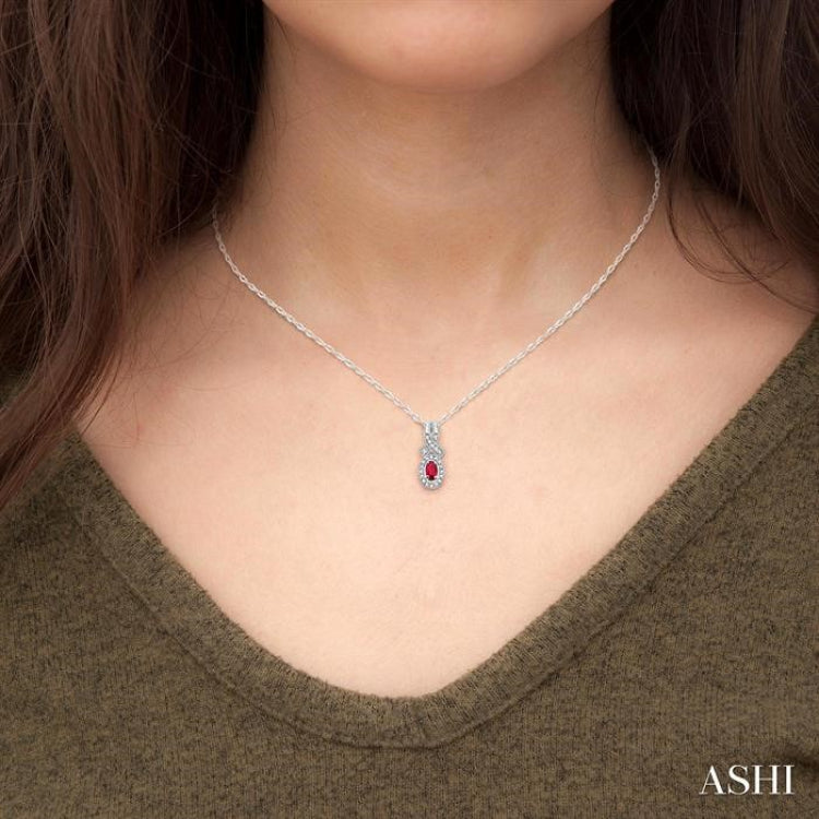 5x3 MM Oval Cut Ruby and 1/50 Ctw Round Cut Diamond Pendant in Sterling Silver with Chain