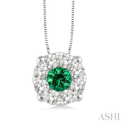 3.8 MM Round Cut Emerald and 1/3 Ctw Lovebright Precious Pendant in 14K White Gold with Chain