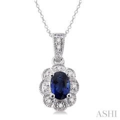 6x4 MM Oval Cut Sapphire and 1/20 Ctw Round Cut Diamond Pendant in Sterling Silver with Chain