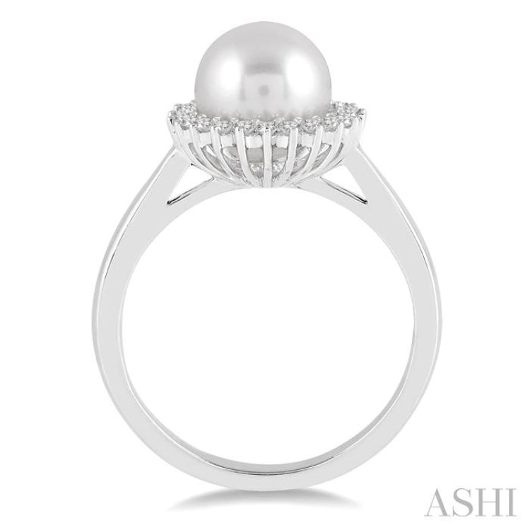 8x8 MM Round Shape Cultured Pearl and 1/5 Ctw Round Cut Diamond Ring in 14K White Gold