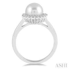 8x8 MM Round Shape Cultured Pearl and 1/5 Ctw Round Cut Diamond Ring in 14K White Gold