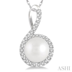 7x7 MM Round Shape Center Cultured Pearl and 1/10 Ctw Round Cut Diamond Pendant With Chain in 10K White Gold