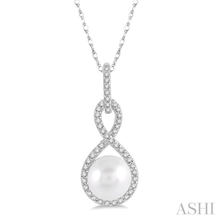 7x7 MM Round Shape Cultured Pearl and 1/6 Ctw Twisted Loop Round Cut Diamond Pendant With Chain in 10K White Gold