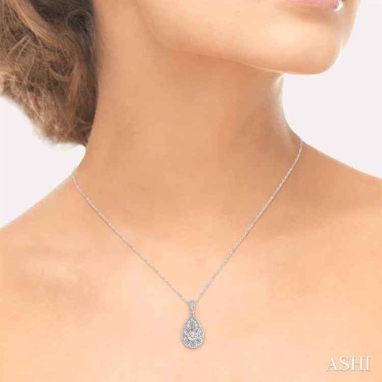 1/8 Ctw Lattice Pear Shape Round Cut Diamond Pendant With Chain in 10K White Gold