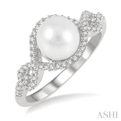 7 MM Round Shape Cultured Pearl and 1/5 Ctw Round Cut Diamond Twisted Open Lattice Ring in 10K White Gold