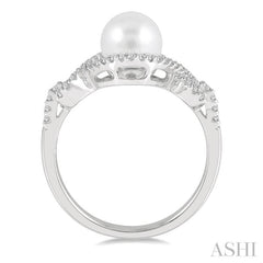 7 MM Round Shape Cultured Pearl and 1/5 Ctw Round Cut Diamond Twisted Open Lattice Ring in 10K White Gold