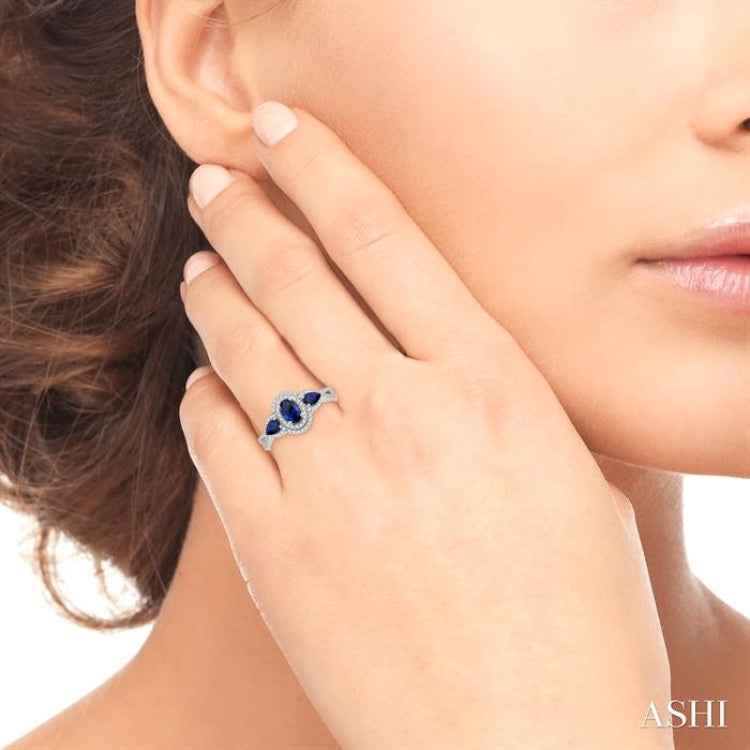 6x4MM Oval Cut and 5x3 MM Pear Cut Sapphire and 1/4 Ctw Round Cut Diamond 3-Stone Precious Ring in 10K White Gold