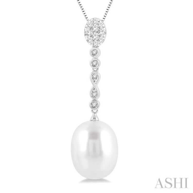 12x10 MM Cultured Pearl and 1/5 Ctw Hanging Round Cut Diamond Drop Lovebright Pendant With Chain in 14K White Gold
